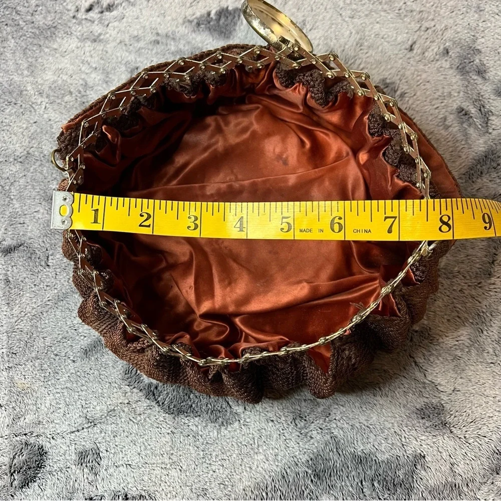 Victorian Brown Crochet Reticule Purse with Ornate Hinged Metal Lid